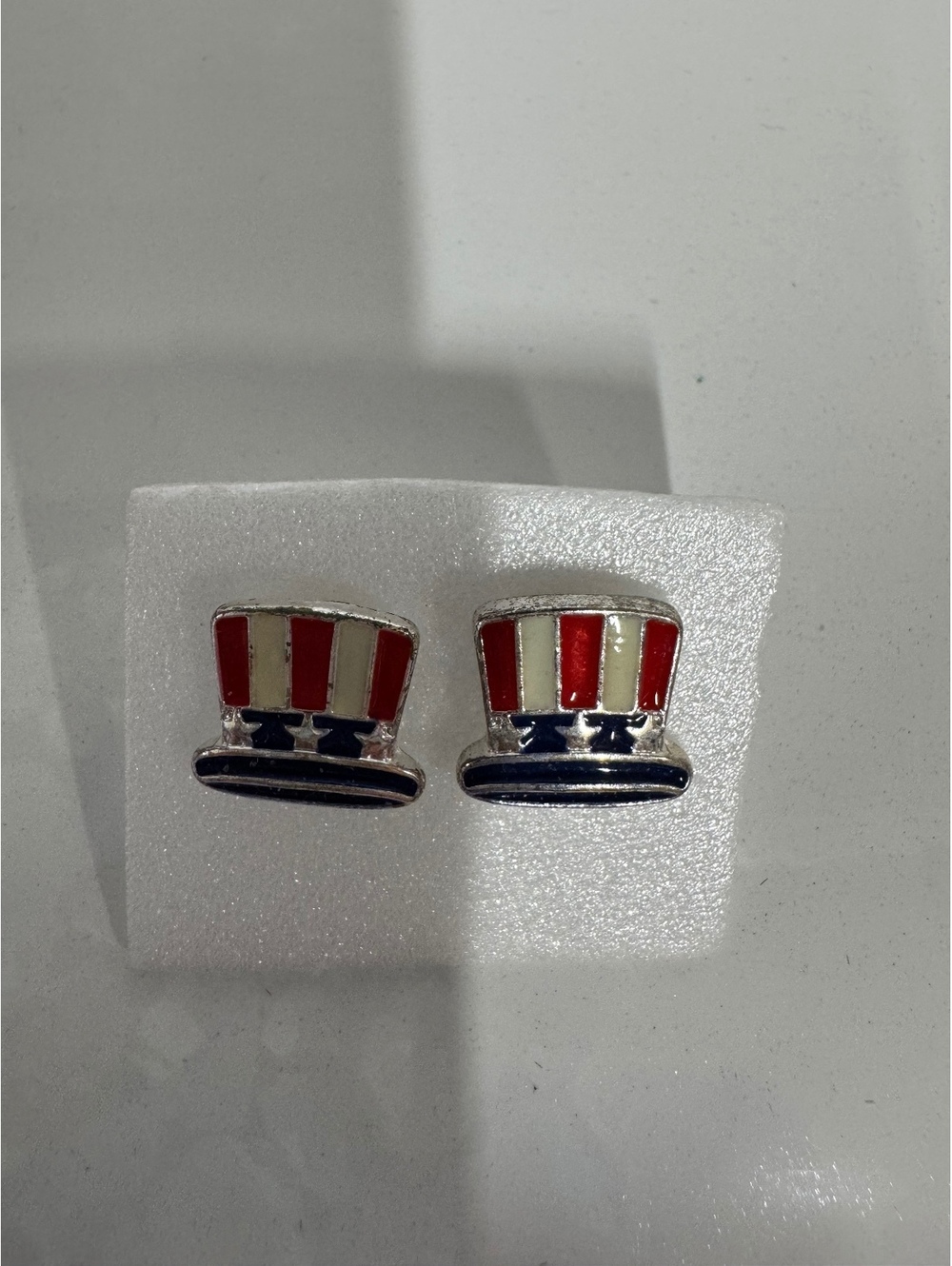 Patriotic Uncle Sam Hat Enamel Stud Earrings Red White Blue